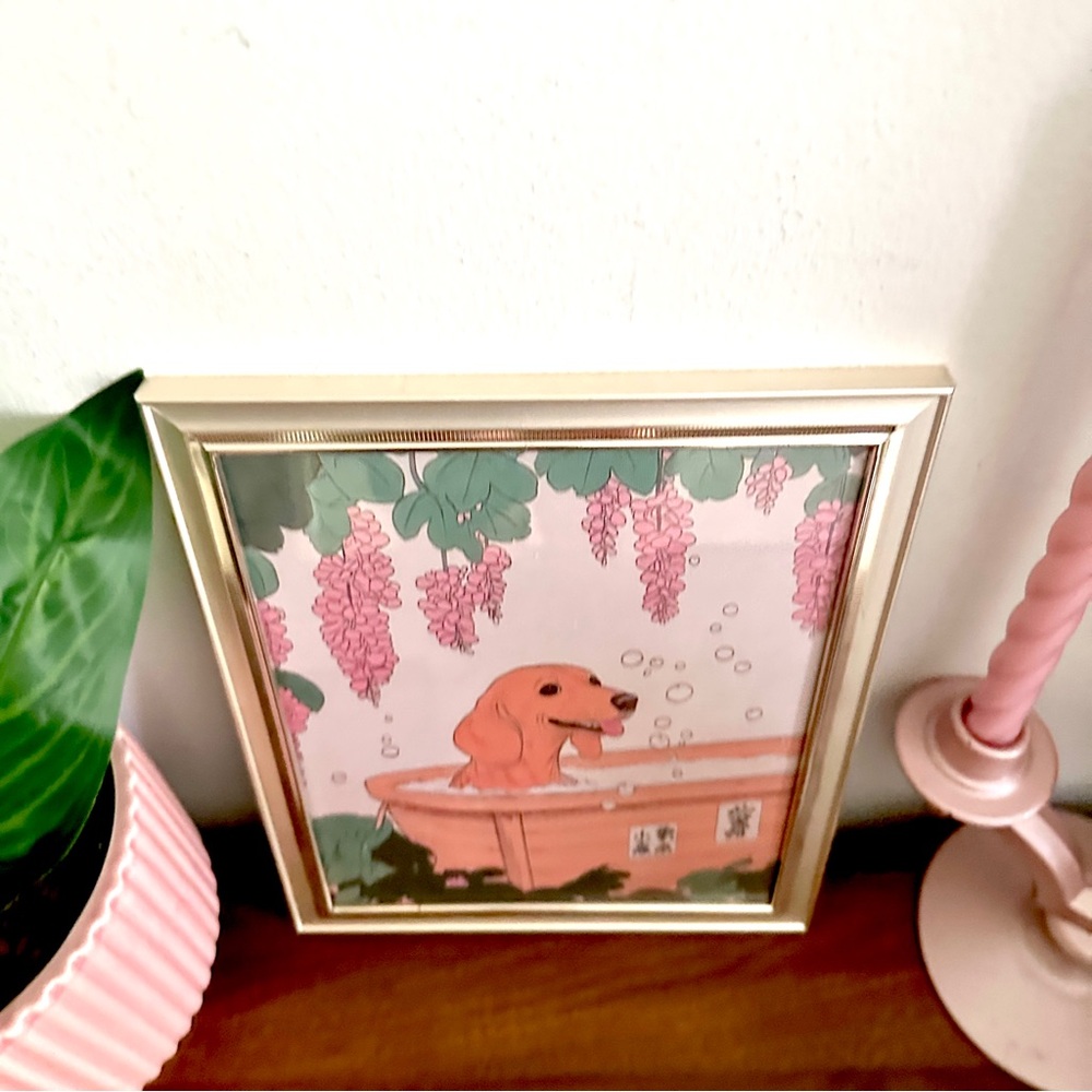 Tan Dachshund Bathtub Japanese Style Bathroom Print Bath Dog Wall Art Framed - Picture 6 of 10